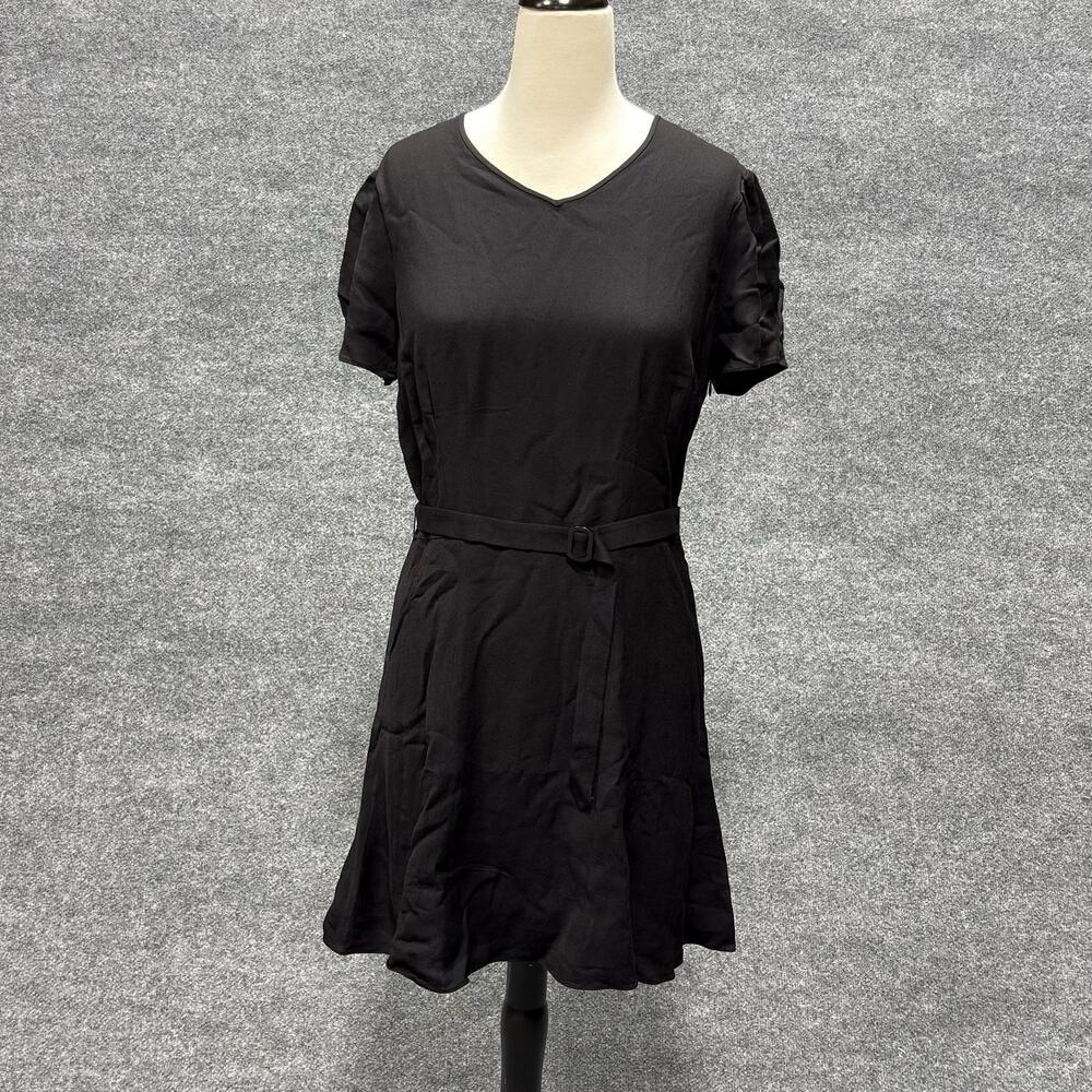 Polo Ralph Lauren Dress Womens 8 Black V Neck Puff Sleeve Belted Fit Flare Short
